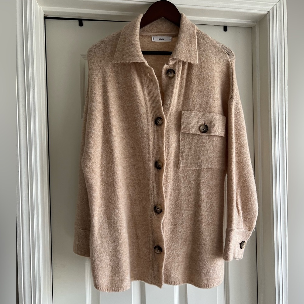 Mango oversized button down, collared sweater. Size XS
